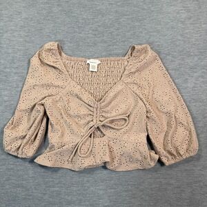 Urban Romantics Beige Eyelet Blouse Women S Puff Sleeve Peplum Smocked Top